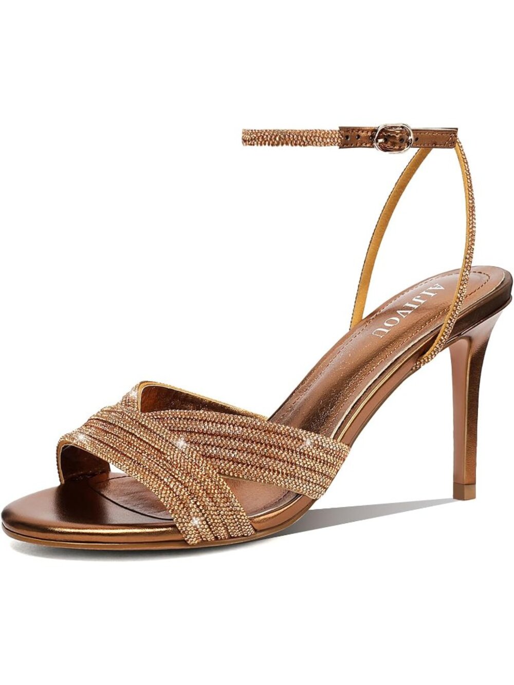 Women's Brown Summer Rhinestone Sparkly Round Open Toe Ankle Strap Heels Sandals